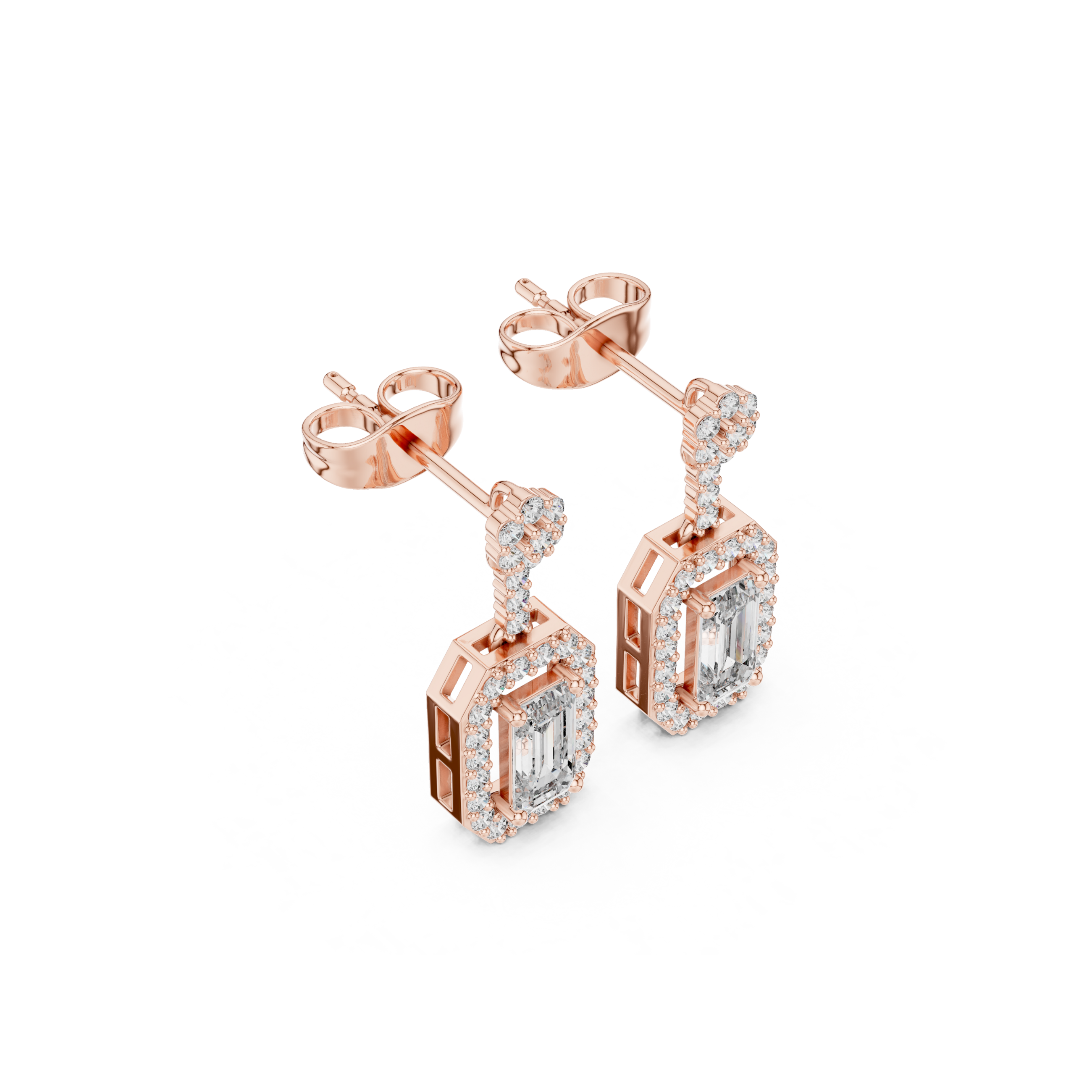 Emerald-Cut Diamond Halo Drop Earrings