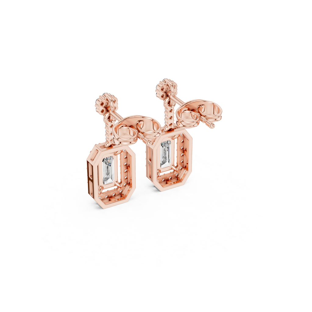 Emerald-Cut Diamond Halo Drop Earrings