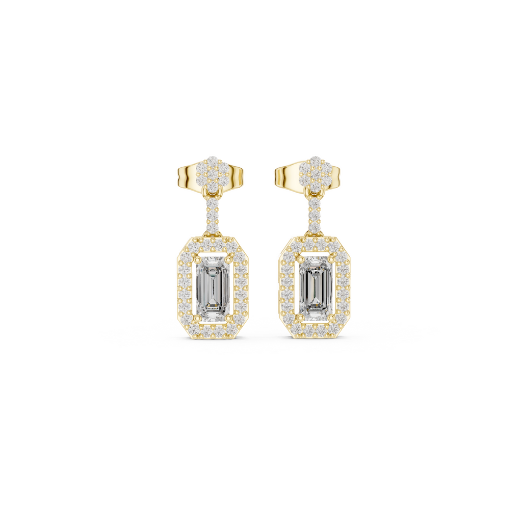 Emerald-Cut Diamond Halo Drop Earrings