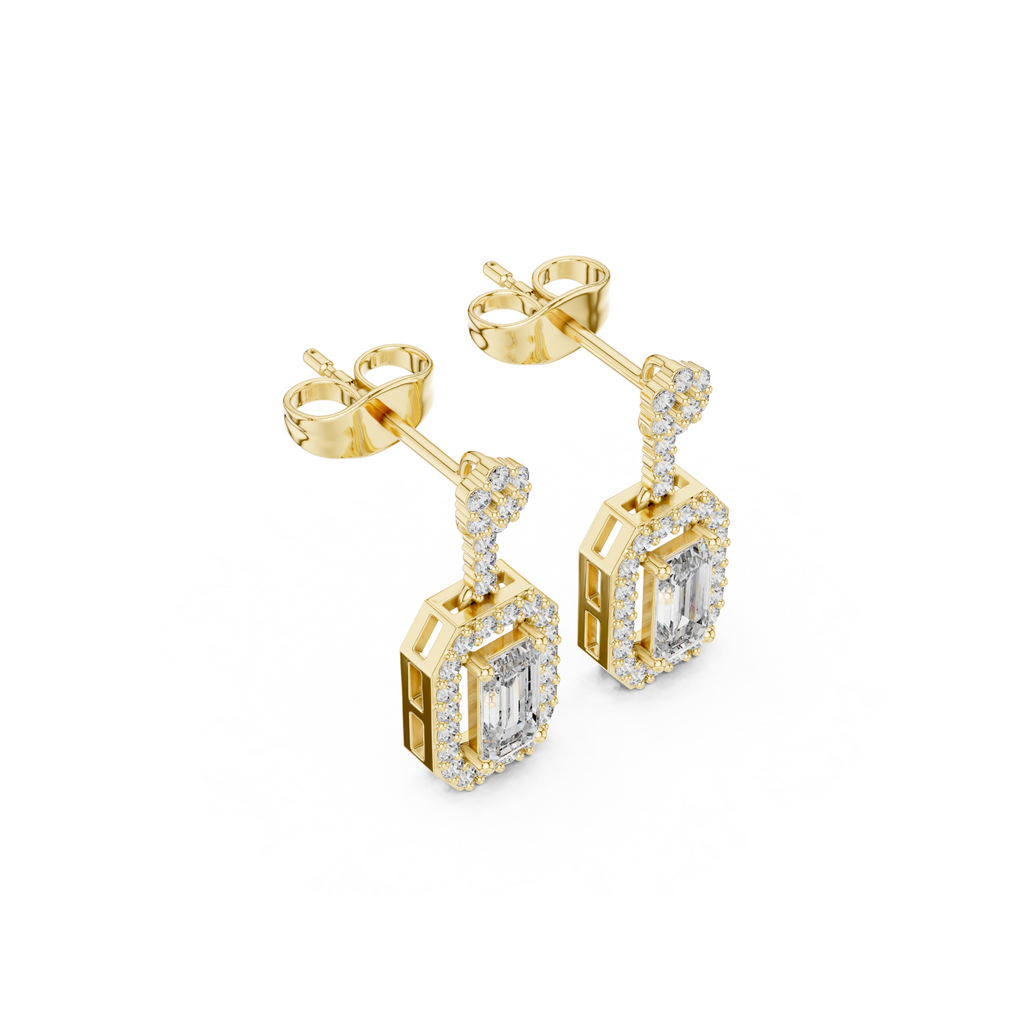 Emerald-Cut Diamond Halo Drop Earrings