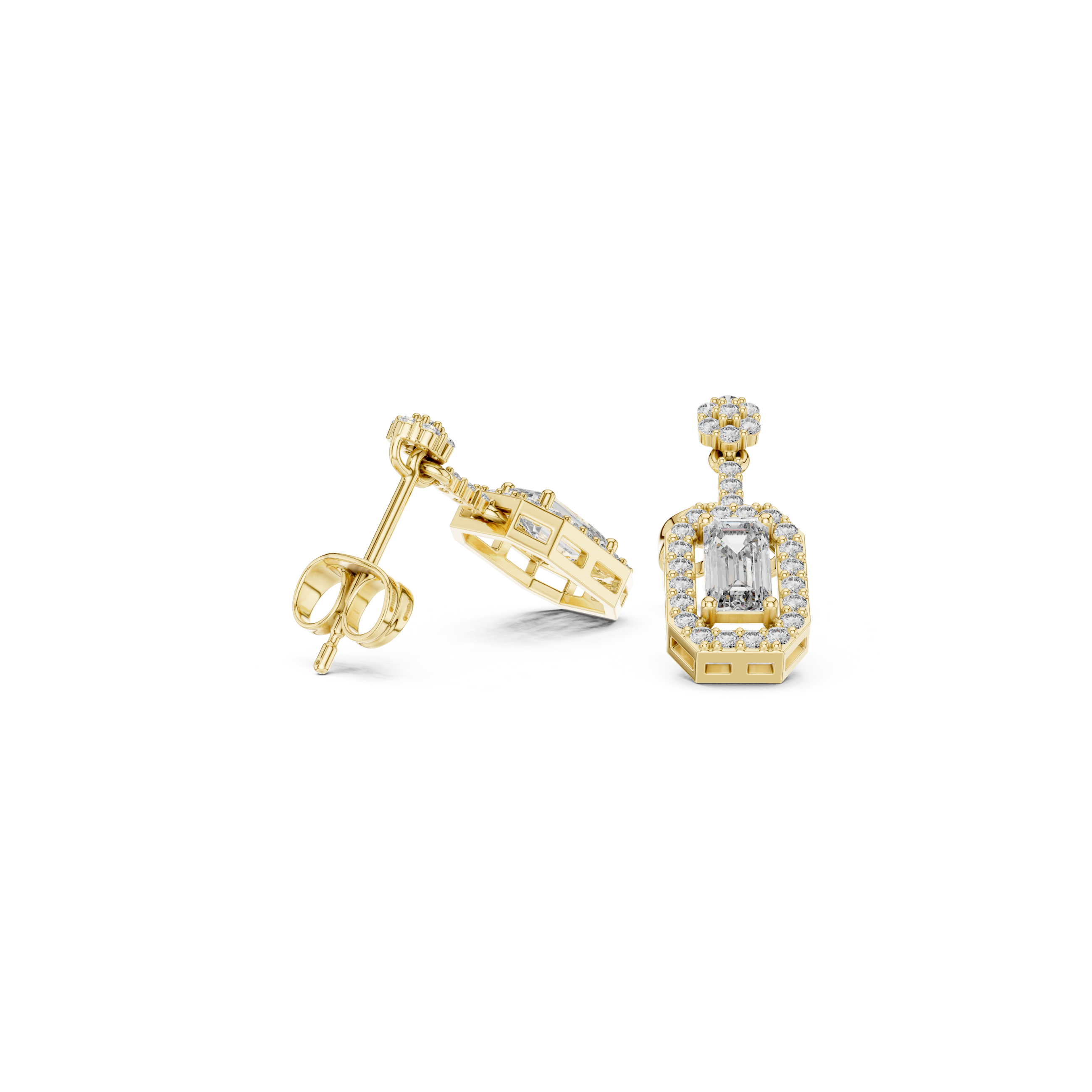 Emerald-Cut Diamond Halo Drop Earrings