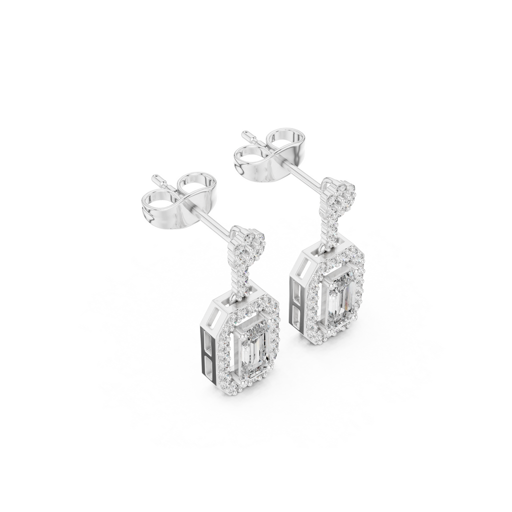 Emerald-Cut Diamond Halo Drop Earrings