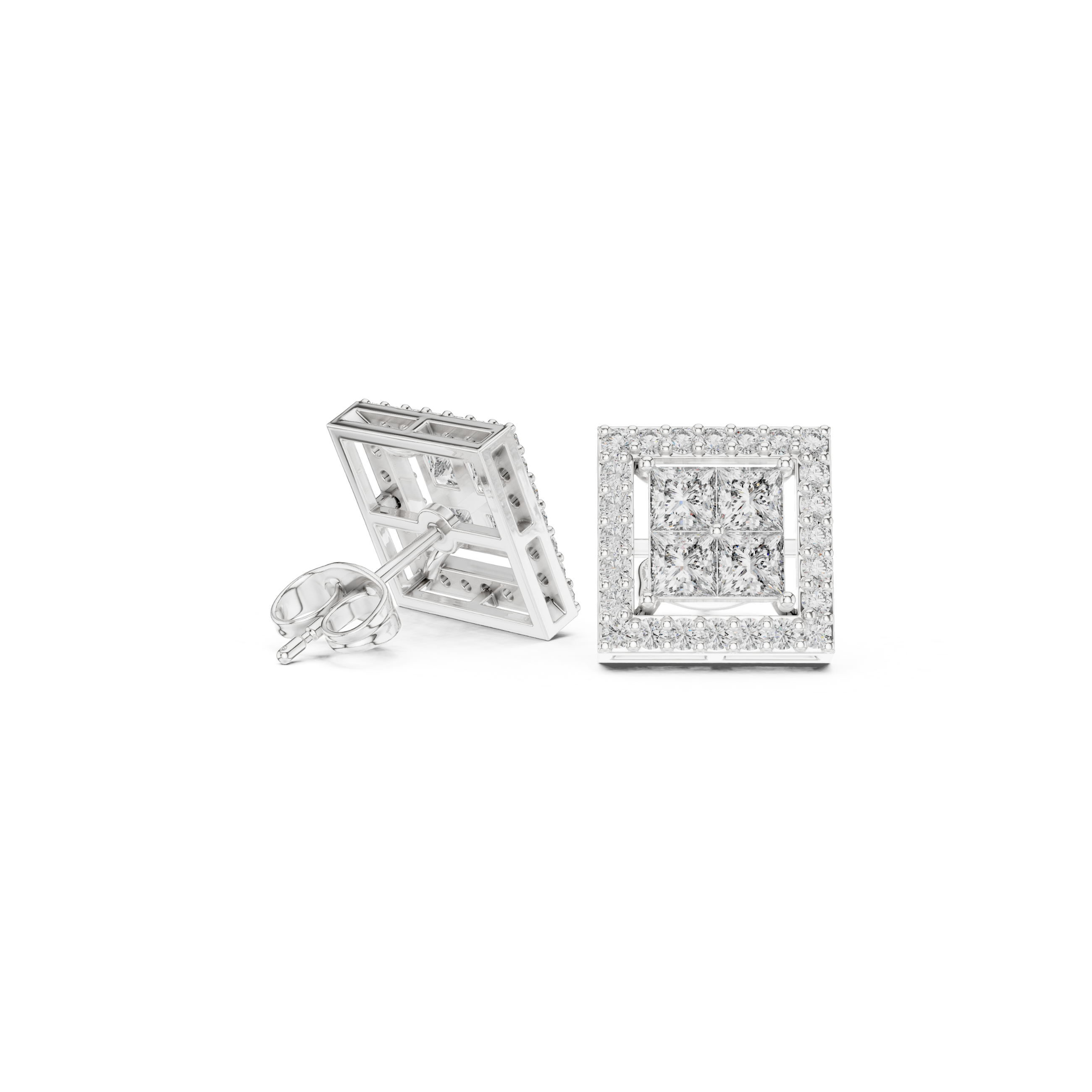 Square Princess-Cut Diamond Halo Stud Earrings