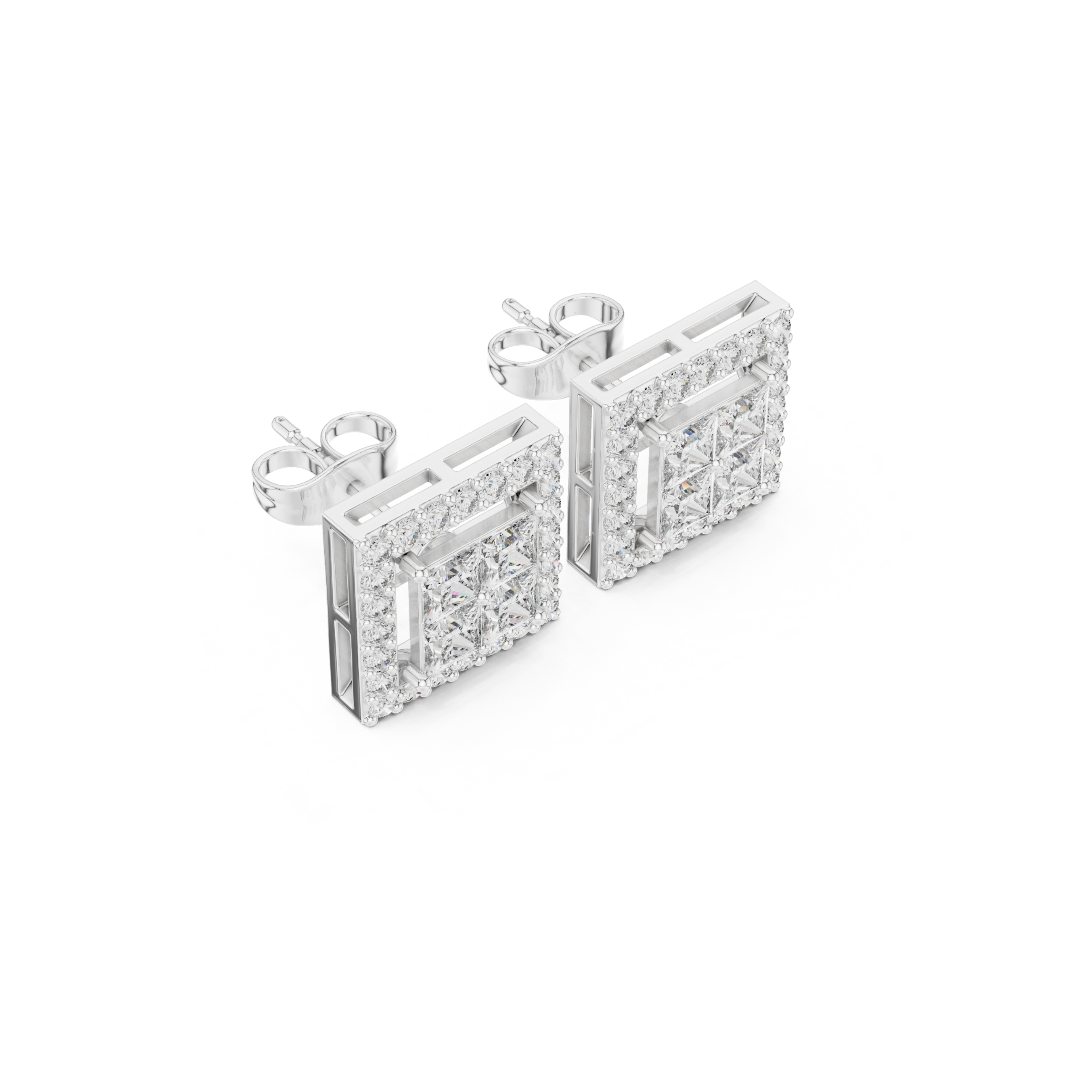 Square Princess-Cut Diamond Halo Stud Earrings
