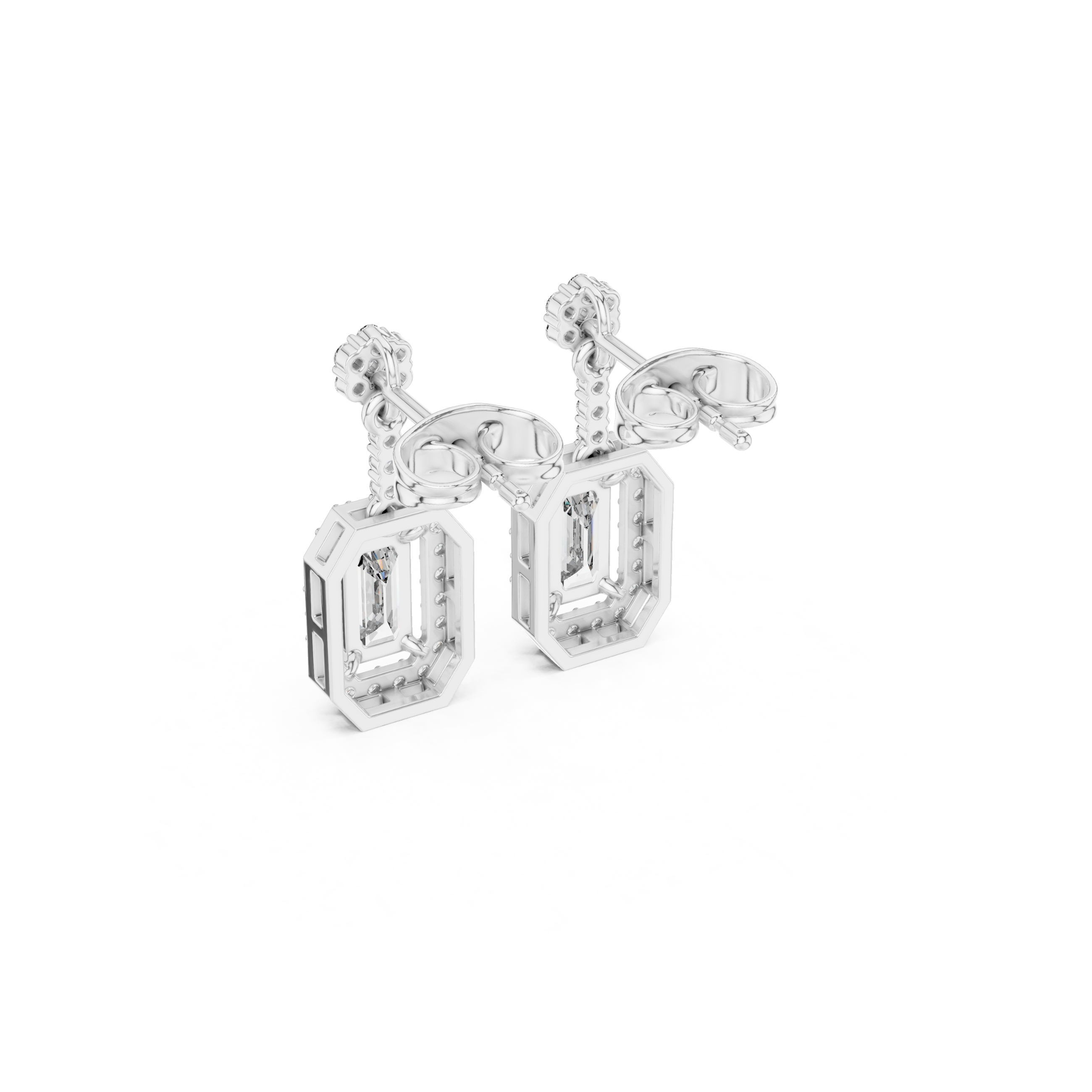 Emerald-Cut Diamond Halo Drop Earrings