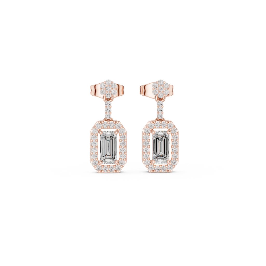 Emerald-Cut Diamond Halo Drop Earrings