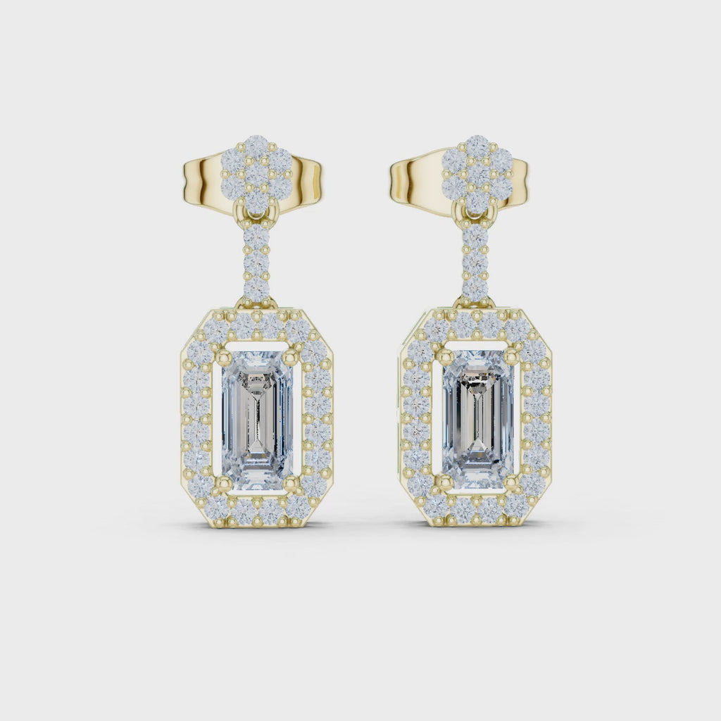 Emerald-Cut Diamond Halo Drop Earrings