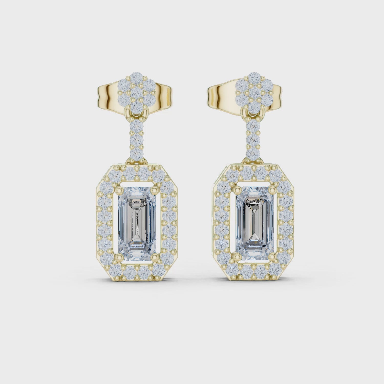 Emerald-Cut Diamond Halo Drop Earrings